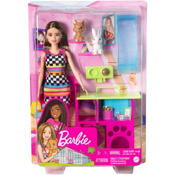 Barbie-Puppe mit Haustieren und mehrfarbigem Spielhaus für Kinder
