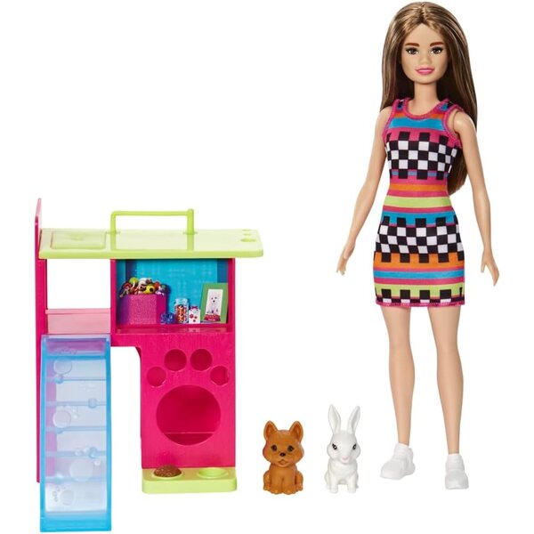 Barbie-Puppe mit Haustieren und mehrfarbigem Spielhaus für Kinder