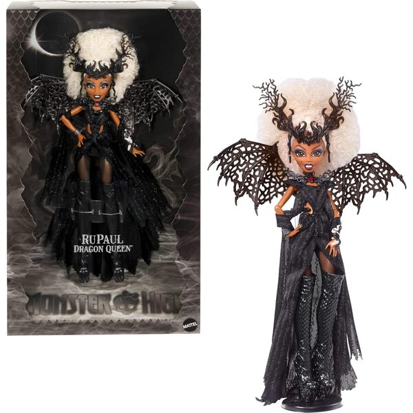 Monster High RuPaul Drag Queen-Sammelpuppe mit glänzendem schwarzem Kleid und Flügeln