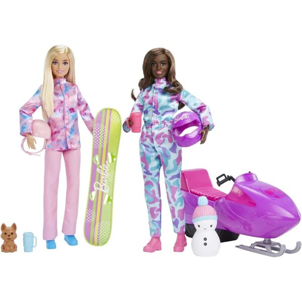 Barbie Winter Pack mit 2 Puppen, Snowboard, Pistenraupe und Schneemann, Mattel 3+