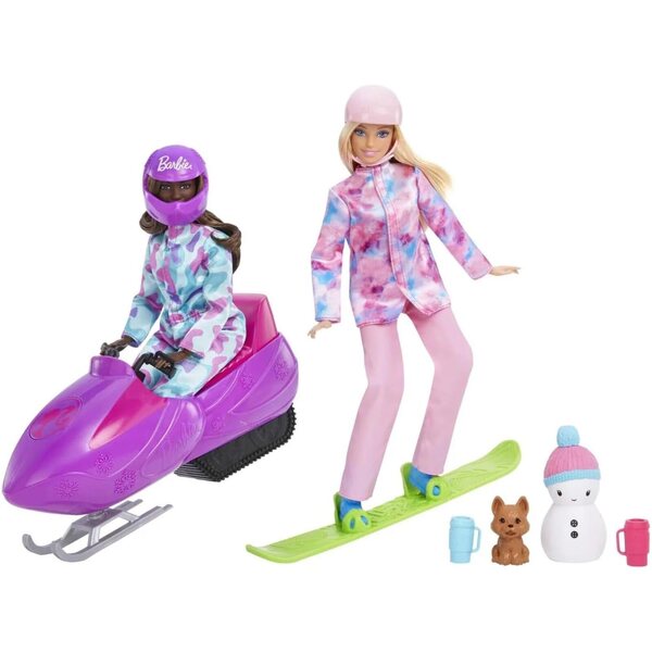Barbie Winter Pack mit 2 Puppen, Snowboard, Pistenraupe und Schneemann, Mattel 3+