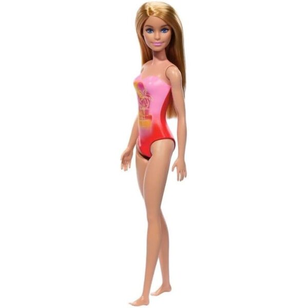 Barbie-Strandpuppe mit rosa Badeanzug und blonden Haaren