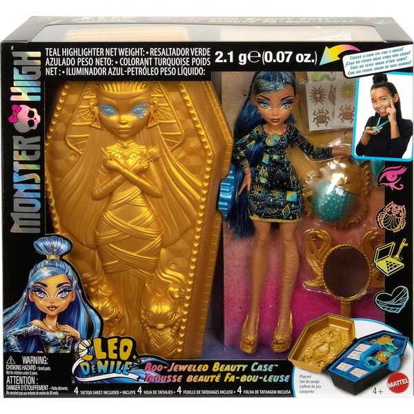 Monster High Cleo De Nile Bambola con Kit Golden Glam, Tatuaggi e Collana per Bambini
