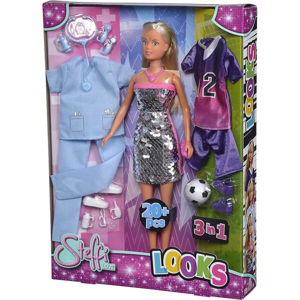 Bambola Steffi Love 29 cm con 3 Outfit e Accessori Moda, Medico e Calcio