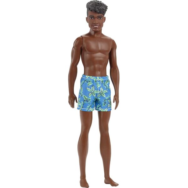 Barbie Ken Beach Doll mit tropisch blauem Badeanzug und schwarzen Haaren