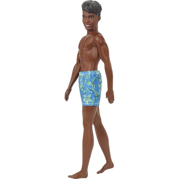 Barbie Ken Beach Doll mit tropisch blauem Badeanzug und schwarzen Haaren