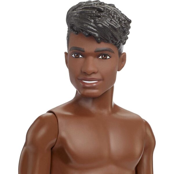 Barbie Ken Beach Doll mit tropisch blauem Badeanzug und schwarzen Haaren