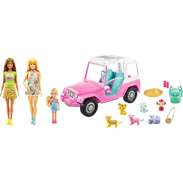 Barbie & Friends Wildlife Adventure Geschenkset mit Fahrzeug, Puppen und Tieren