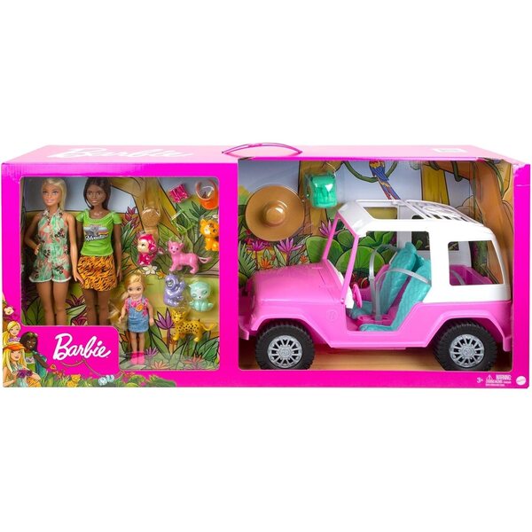 Barbie & Friends Wildlife Adventure Geschenkset mit Fahrzeug, Puppen und Tieren