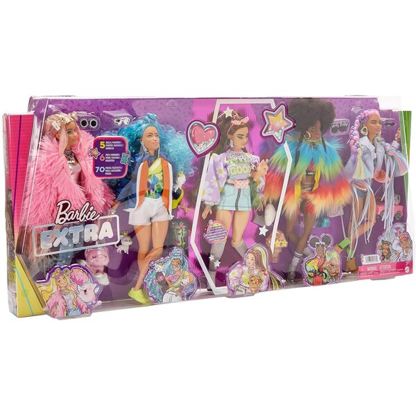 Barbie Extra Set da 5 bambole con 6 animali e 70 accessori di styling