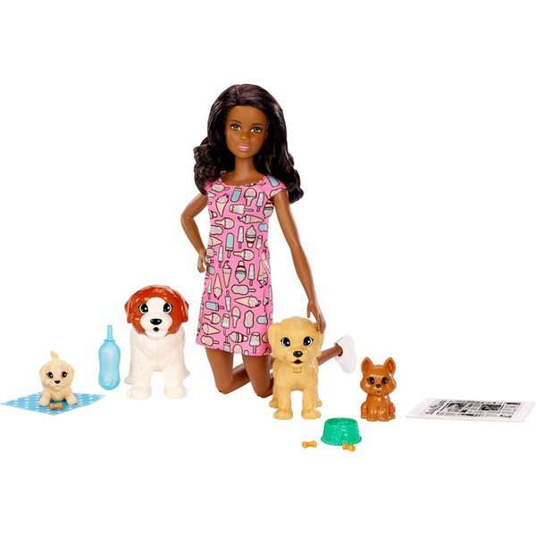 Barbie-Hundeschutz mit 4 Welpen und Zubehör, Morena-Puppe FXH09