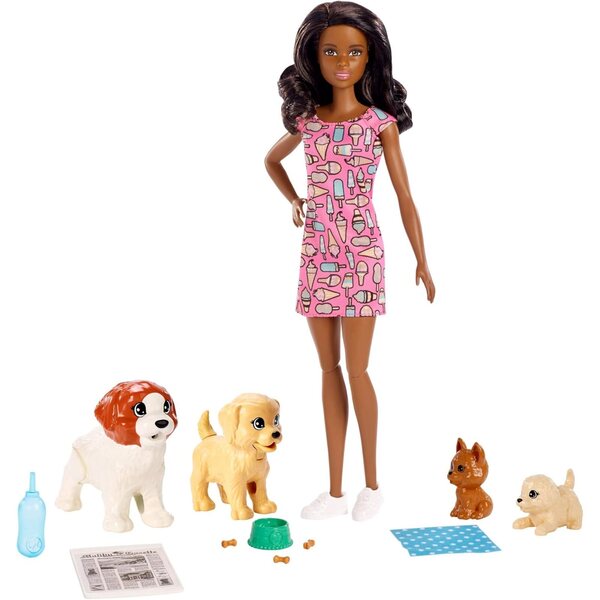 Barbie-Hundeschutz mit 4 Welpen und Zubehör, Morena-Puppe FXH09