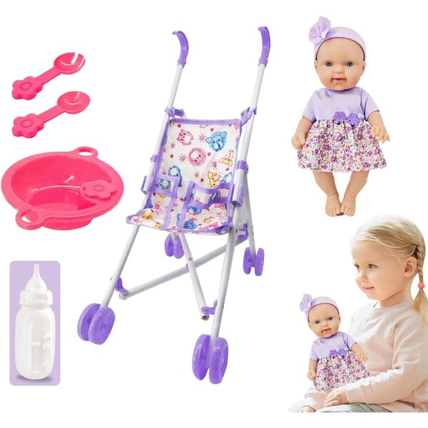 Puppe mit 10'' Kinderwagen, Spielset für Kinder mit bunten Accessoires