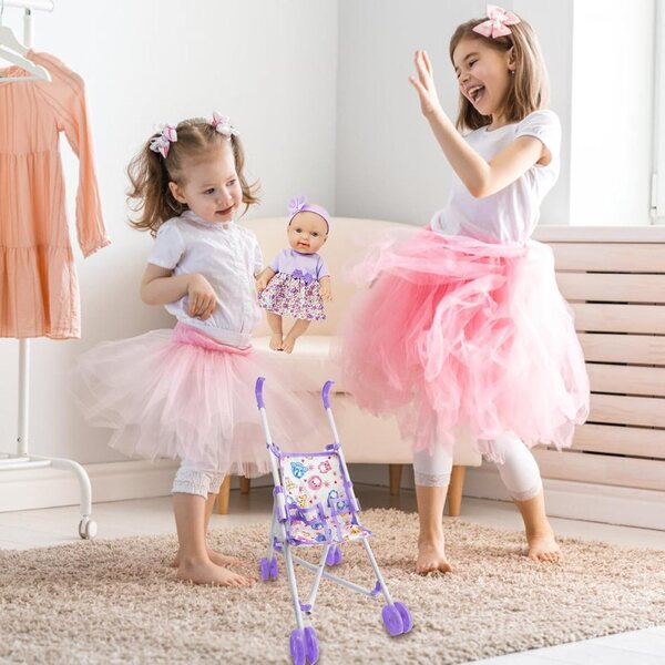 Puppe mit 10'' Kinderwagen, Spielset für Kinder mit bunten Accessoires