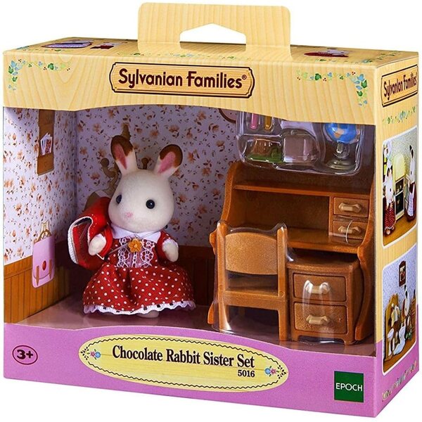 Sylvanian Families Chocolate Rabbit Little Sister Set mit Schreibtisch und Zubehör