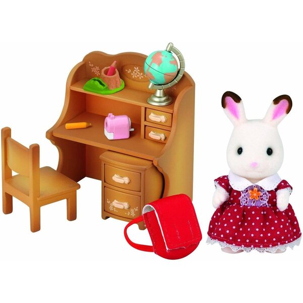 Sylvanian Families Chocolate Rabbit Little Sister Set mit Schreibtisch und Zubehör