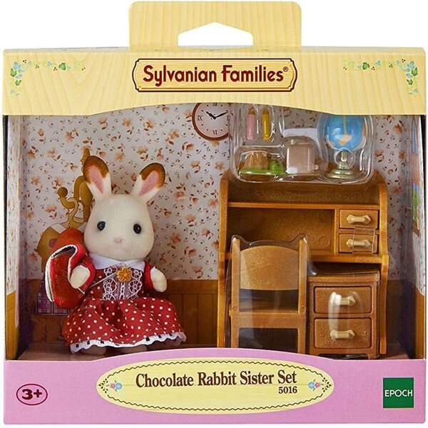 Sylvanian Families Chocolate Rabbit Little Sister Set mit Schreibtisch und Zubehör