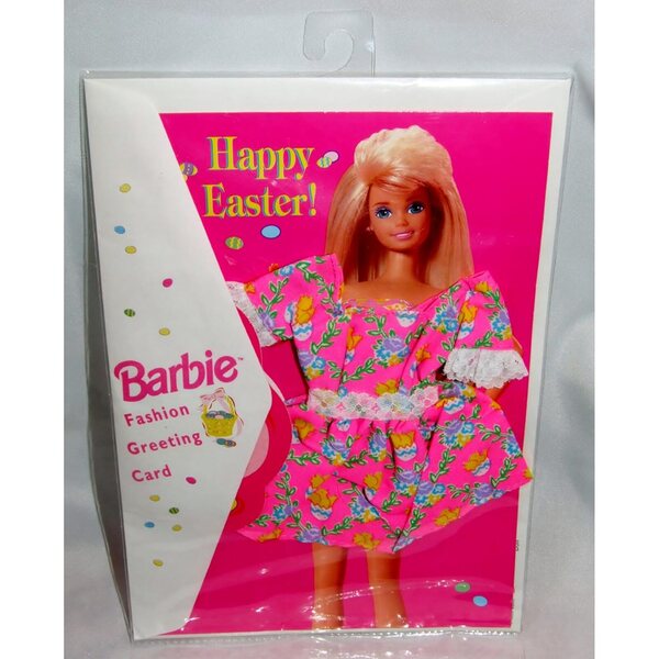 Biglietto di Auguri Barbie Fashion Happy Easter 1995 con Vestito Pasquale Rosa