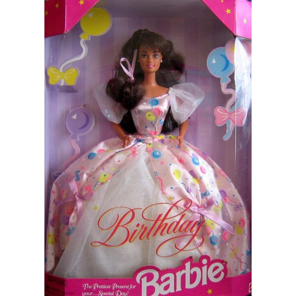 29 cm große brünette Barbie-Geburtstagspuppe mit rosa Kleid und Accessoires von Mattel, 1996