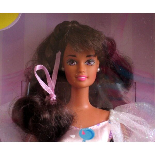 29 cm große brünette Barbie-Geburtstagspuppe mit rosa Kleid und Accessoires von Mattel, 1996