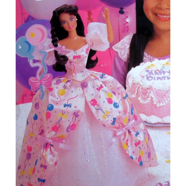 29 cm große brünette Barbie-Geburtstagspuppe mit rosa Kleid und Accessoires von Mattel, 1996