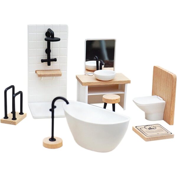 1:12 Miniatur-Badezimmer-Set für Puppenhaus – 8 Teile aus Holz und PP