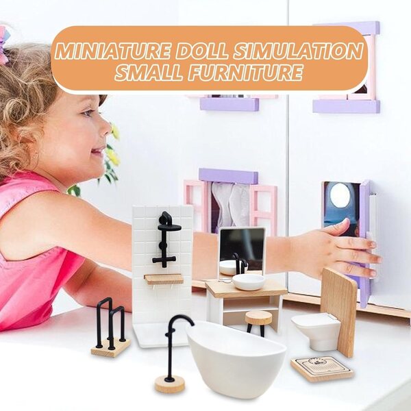 1:12 Miniatur-Badezimmer-Set für Puppenhaus – 8 Teile aus Holz und PP