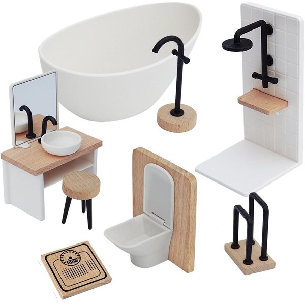 1:12 Miniatur-Badezimmer-Set für Puppenhaus – 8 Teile aus Holz und PP