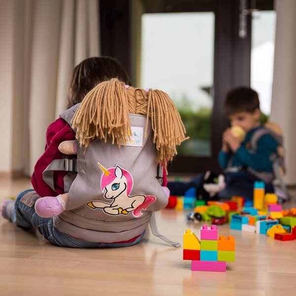 HappyVk Graue Puppentrage mit Einhorn-Stickerei – verstellbare Babytrage für Mädchen