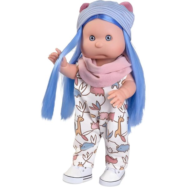 Antonio Juan Iris Pelzpuppe 38 cm aus Vinyl mit blauen Haaren und Einhorn-Stirnband