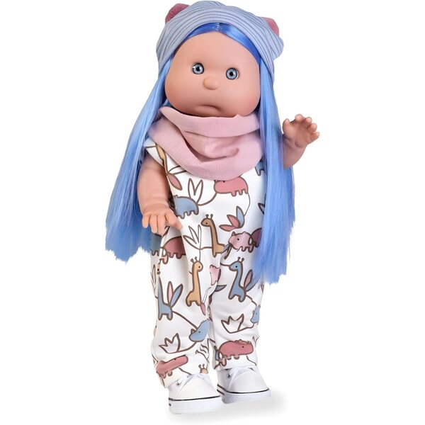 Antonio Juan Iris Pelzpuppe 38 cm aus Vinyl mit blauen Haaren und Einhorn-Stirnband