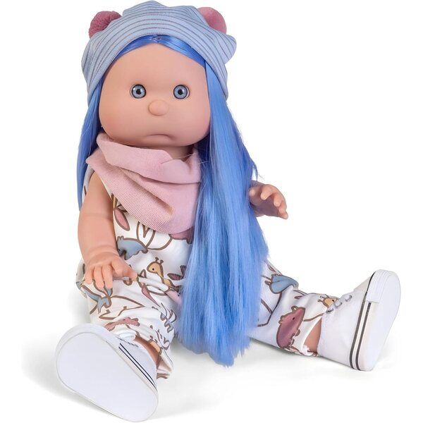 Antonio Juan Iris Pelzpuppe 38 cm aus Vinyl mit blauen Haaren und Einhorn-Stirnband