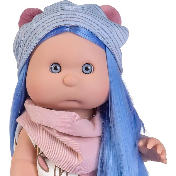 Antonio Juan Iris Pelzpuppe 38 cm aus Vinyl mit blauen Haaren und Einhorn-Stirnband