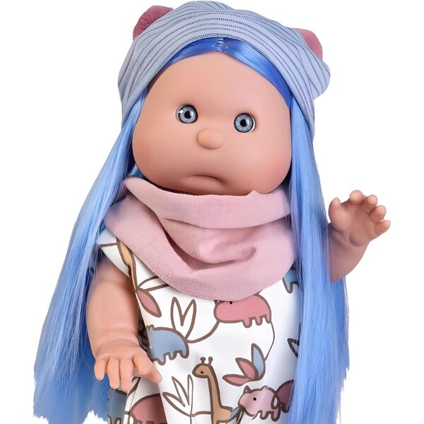 Antonio Juan Iris Pelzpuppe 38 cm aus Vinyl mit blauen Haaren und Einhorn-Stirnband
