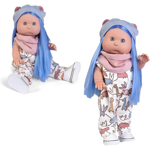 Antonio Juan Iris Pelzpuppe 38 cm aus Vinyl mit blauen Haaren und Einhorn-Stirnband