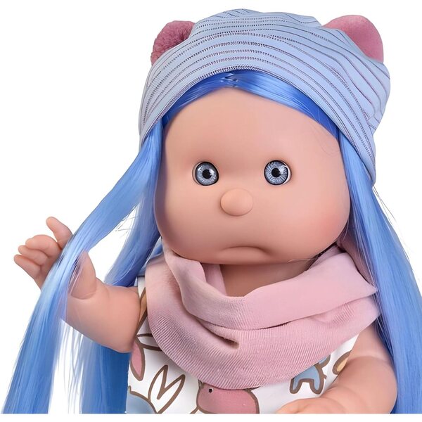 Antonio Juan Iris Pelzpuppe 38 cm aus Vinyl mit blauen Haaren und Einhorn-Stirnband