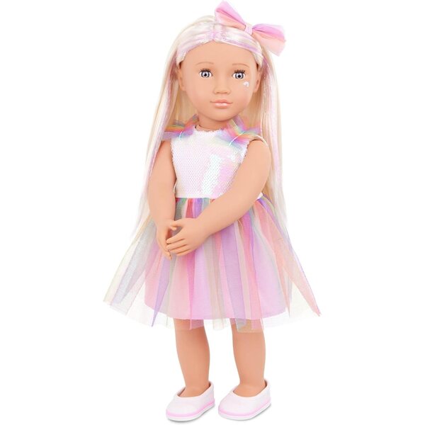 Poupée Our Generation Iris 46 cm avec yeux violets et vêtements arc-en-ciel pour enfants à partir de 3 ans