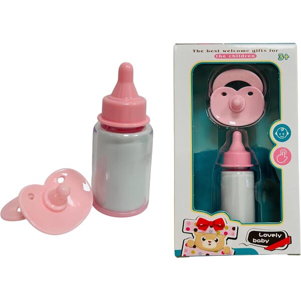 Biberon e Ciuccio Rosa per Bambole - Set Accessori Giocattolo in Scatola Regalo
