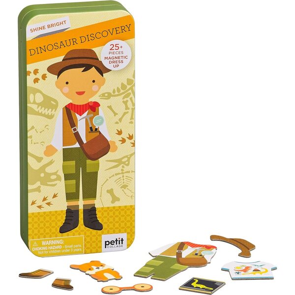 Petit Collage Shine Bright Dino Discovery - Set magnetico di gioco e vestiti per bambini