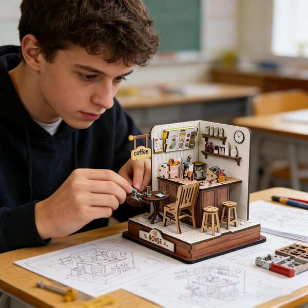 Puzzle Mini House Caffetteria in Legno 18 cm | Kit di Miniature per Adulti Creativo e Decorativo