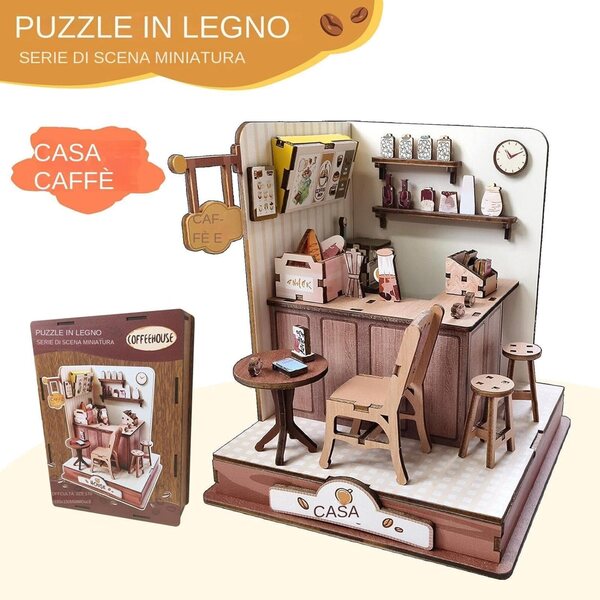 Puzzle Mini House Caffetteria in Legno 18 cm | Kit di Miniature per Adulti Creativo e Decorativo
