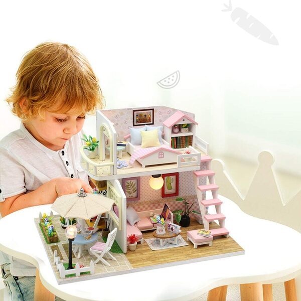 Casa delle Bambole in Legno Fai-da-te con Luci LED - Kit Realistico per Bambini