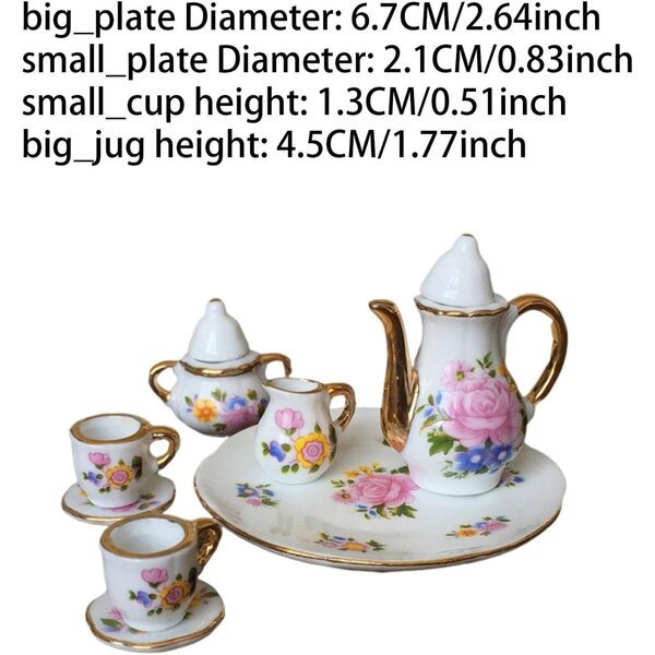 Puppenhaus-Miniatur-Teetassen-Set im Maßstab 1:6 mit Porzellan-Teekanne und Zubehör