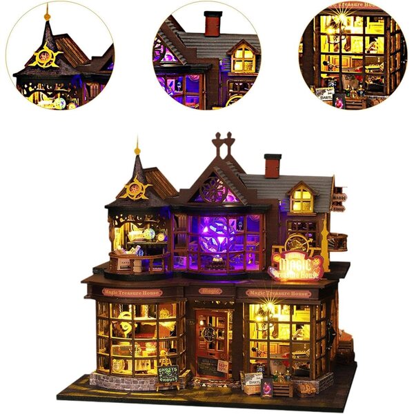 DIY-Puppenhaus-Bausatz aus Holz mit Möbeln und Lichtern, Lernspielzeug