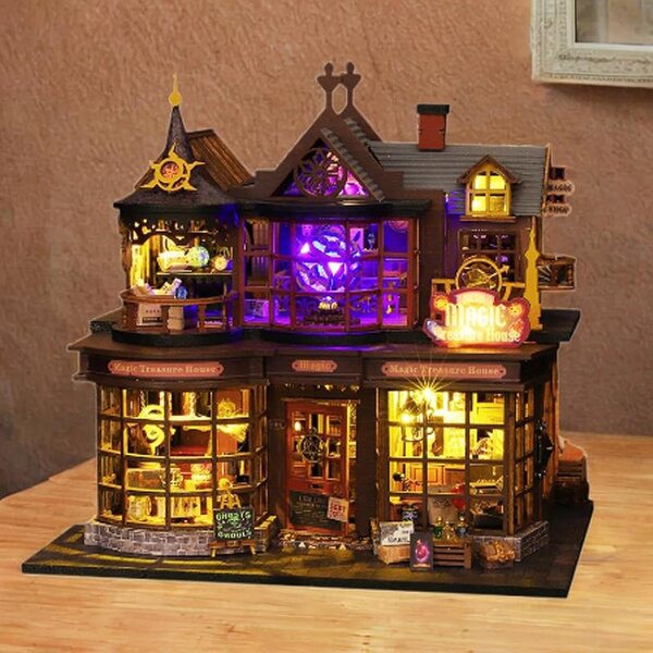 DIY-Puppenhaus-Bausatz aus Holz mit Möbeln und Lichtern, Lernspielzeug