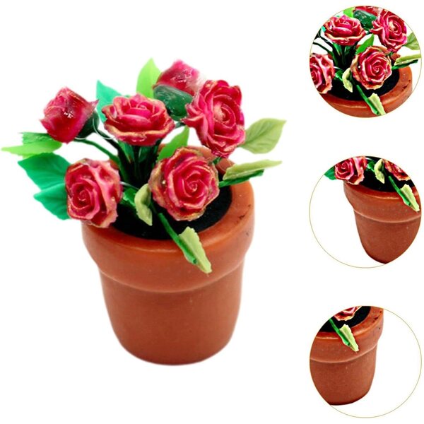 Harz-Puppenhaus-Dekoration 1:6 1:12 Miniaturvase mit roten Blumen