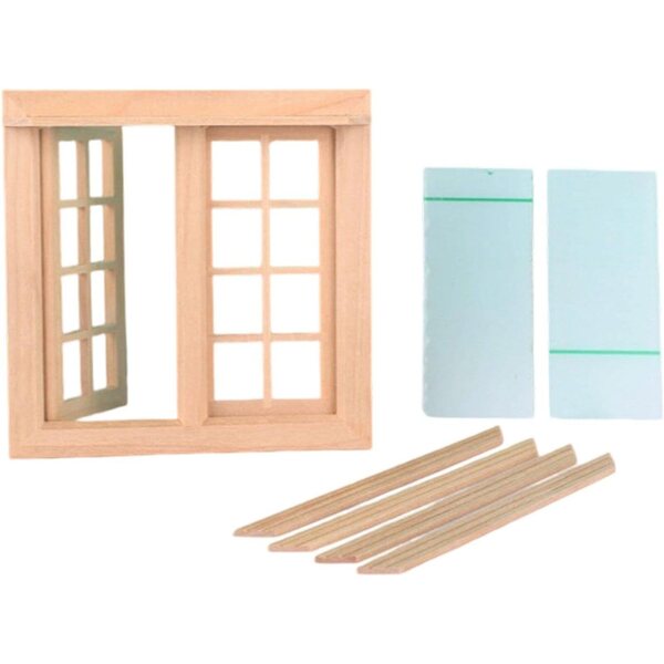 1:12 Puppenhaus-Fenster aus Holz mit 16 Gittern, doppelt zu öffnende Tür