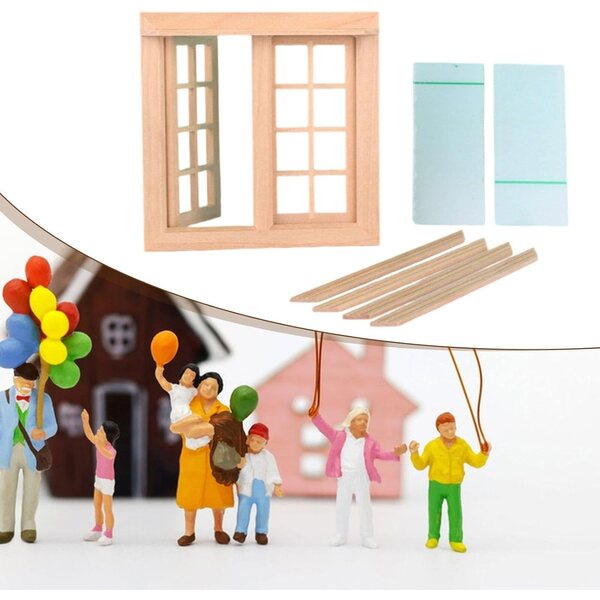1:12 Puppenhaus-Fenster aus Holz mit 16 Gittern, doppelt zu öffnende Tür