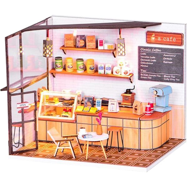 Miniatur-Puppenhaus-Bausatz aus Holz zum Zusammenbauen mit LEDs und realistischen Möbeln