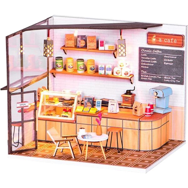 Miniatur-Puppenhaus-Bausatz aus Holz zum Zusammenbauen mit LEDs und realistischen Möbeln